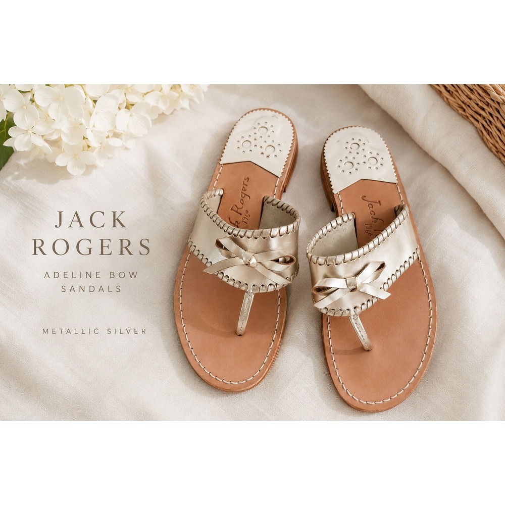 Jack Rogers Adeline Bow Metallic Sandals Silver Leather Flip Flops